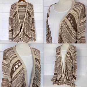 Sonoma Loose Knit Long Cardigan Open Front Sweater L Brown Crochet‎ Duster Boho